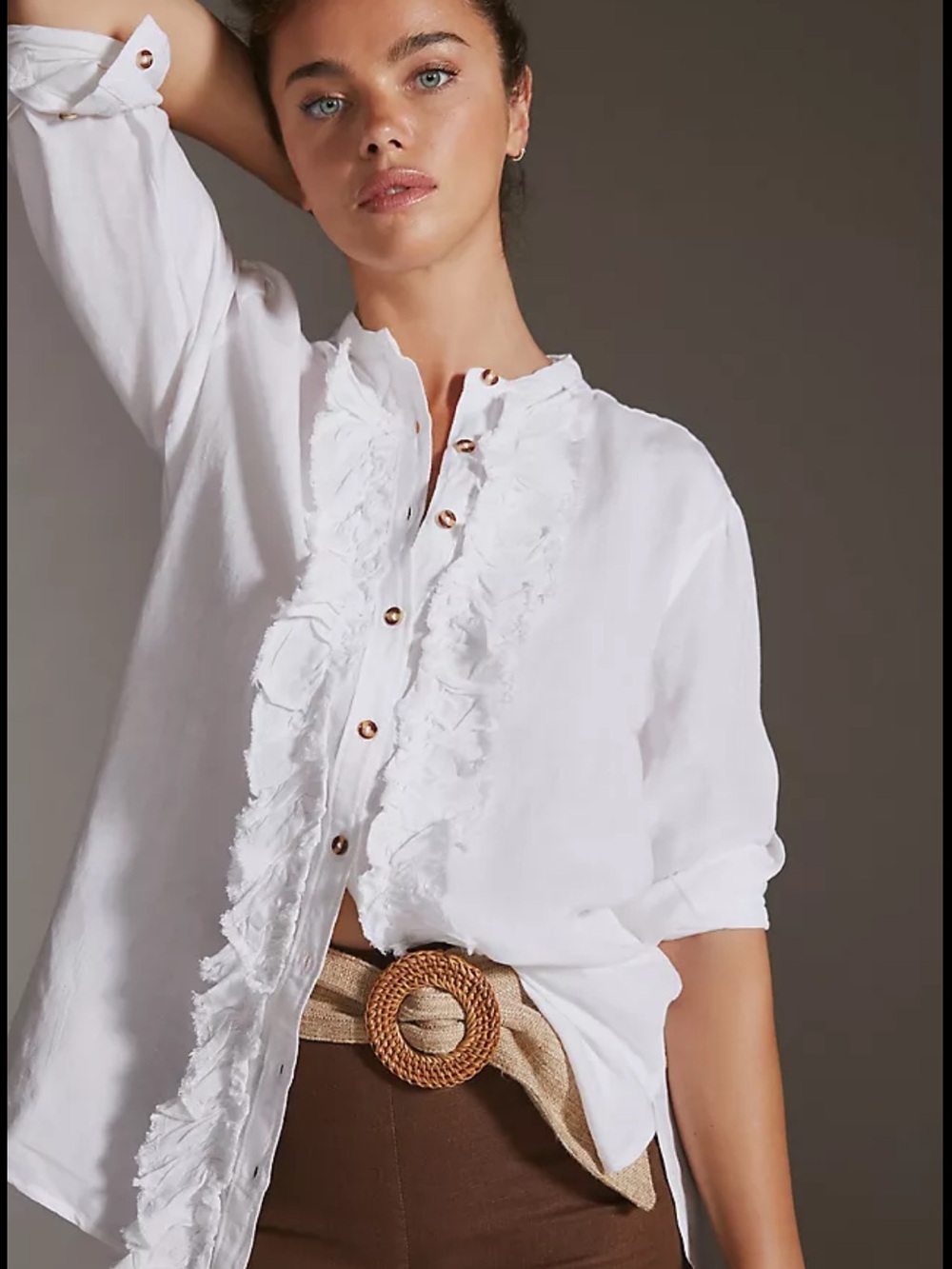 Pilcro Linen Blend White Ruffle Button-Down Shirt Size Small